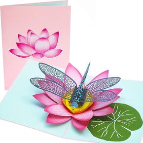 بطاقة PopLife Blue Dragonfly and Lotus ثلاثية الأبعاد - عيد الأم، عيد الحب، عيد الميلاد، شكرًا لك، أتمنى لك الشفاء العاجل، الذكرى السنوية - للأصدقاء، الأخت، الزوجة، الجدة، الابنة، الصديقة