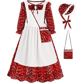 Pioneer Girls Dress Floral Colonial Prairie Costumes for Little Kids with Apron and Bonnet