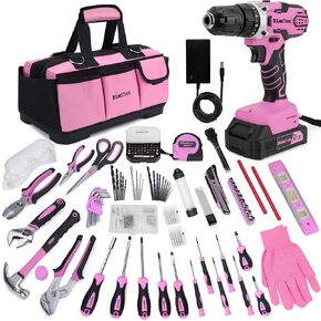KingTool Home Tool Kit Set - 219 Pieces Pink Tool Kit with 12V Max Power Cordless Drill, Tool Kit for Women, Household Tool Set Kit with Power Drill for Home Office Garden Repair