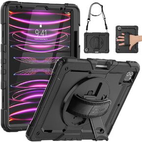 SEYMAC Case for iPad Pro 12.9 Case 2022/2021/ 2020/2018, Heavy Duty Protection Shockproof Case with Screen Protector, 360° Rotating Stand/Handle/Shoulder Strap, Supports Pencil 2 Charging, Black