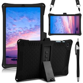 DETUOSI Case for Samsung Galaxy Tab S6 Lite 10.4" 2024/2022/2020 with Stylus Pen & Shoulder Strap (Model SM-P620/P625/P613/P619/P610/P615/P617), Multi-Angle Silicone Cover, Black
