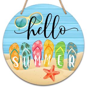 Hello Summer Decor, 10" Flip Flop Wooden Hanging Sign for Pool House Decoration, Rustic Summer Beach Themed Round Door Sign for Outdoor Home Decorations - B01 in Kuwait