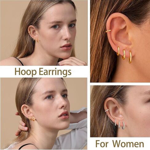 Gold Hoop Earrings Set for Women 14k Gold/Sliver Plated CZ Cartilage Earring Hoop Earring 4 Pcs Earrings Set Hypoallergenic Huggie Hoop Earrings Birthday Gifts Trendy Dainty Jewelry Gifts in Saudi Arabia