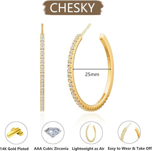 CHESKY Large 15/20/25/40/50mm Hoop Earring - Dainty 14k Gold Plated Thin Cubic Zirconia Hoops Hypoallergenic Earrings for Women Trendy Jewelry Gifts in Saudi Arabia