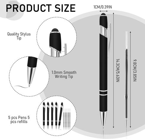 5 Pack 2-in-1 Stylus Retractable Ballpoint Pen with Stylus tip, 1.0 mm Black Ink Ball Point Pens, Metal Stylus Pen for Touch Screens 10 Refills(Black) in Saudi Arabia