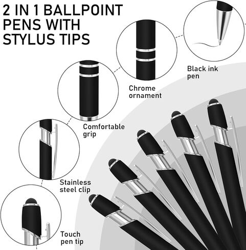 5 Pack 2-in-1 Stylus Retractable Ballpoint Pen with Stylus tip, 1.0 mm Black Ink Ball Point Pens, Metal Stylus Pen for Touch Screens 10 Refills(Black) in Saudi Arabia