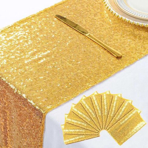 ShinyBeauty 10 Pieces-12 x108 Gold-Sequin-Table-Runners Wedding Party Catering Event Gold Table Runner Gold Christmas Decoration Glitter Fabric Sequin Table Runner Holiday Table Runners 108 Inches in Kuwait