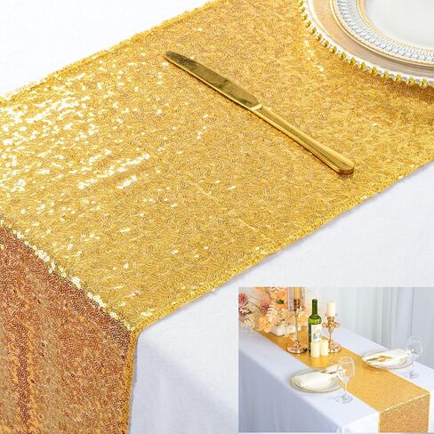 ShinyBeauty 10 Pieces-12 x108 Gold-Sequin-Table-Runners Wedding Party Catering Event Gold Table Runner Gold Christmas Decoration Glitter Fabric Sequin Table Runner Holiday Table Runners 108 Inches in Kuwait