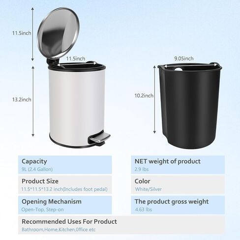 9 Liter / 2.4 Gallon Round Metal Lidded Step Trash Can, Garbage Can with Removable Liner Bucket, Trash Bin for Bathroom, Kitchen, Bedroom, Office, Step On and Soft Close (White) in Saudi Arabia