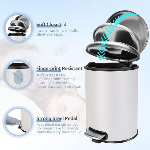 9 Liter / 2.4 Gallon Round Metal Lidded Step Trash Can, Garbage Can with Removable Liner Bucket, Trash Bin for Bathroom, Kitchen, Bedroom, Office, Step On and Soft Close (White) in Saudi Arabia