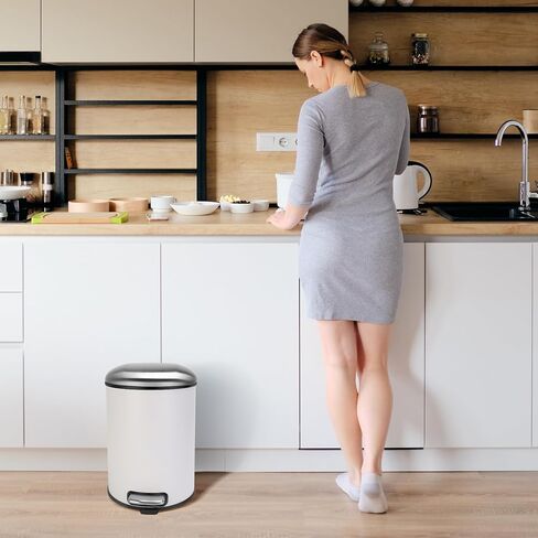 9 Liter / 2.4 Gallon Round Metal Lidded Step Trash Can, Garbage Can with Removable Liner Bucket, Trash Bin for Bathroom, Kitchen, Bedroom, Office, Step On and Soft Close (White) in Saudi Arabia