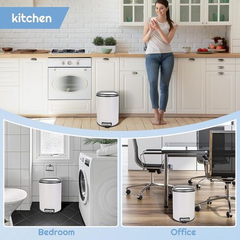 9 Liter / 2.4 Gallon Round Metal Lidded Step Trash Can, Garbage Can with Removable Liner Bucket, Trash Bin for Bathroom, Kitchen, Bedroom, Office, Step On and Soft Close (White) in Saudi Arabia