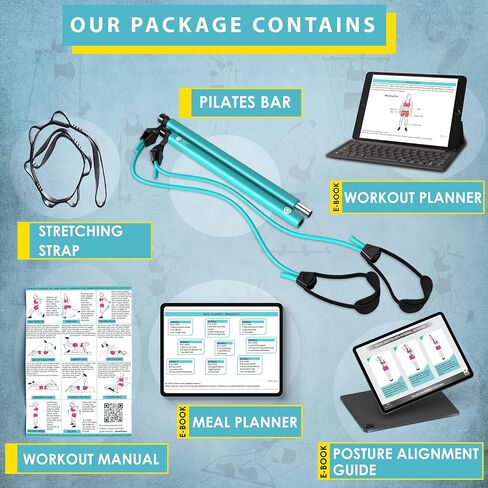 Portable Pilates Bar kit with Free 8-Loop Stretch Band, Workout Videos & Exercise Manual + Posture Alignment Guide, Meal & Workout Planner (E-Book)|Adjustable Resistance & Length Stick in Saudi Arabia