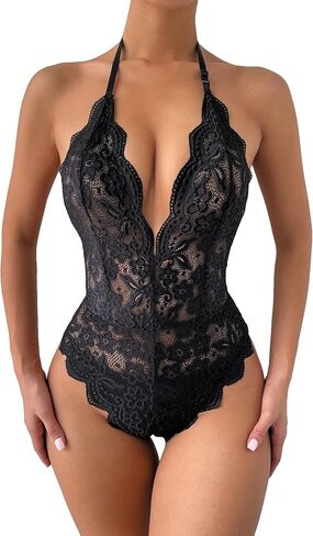 COZYEASE Women's Halter Neck Lace Bodysuit Slim Fit Sleeveless Cami Jumpsuits Scallop Shapewear without Lingerie in Saudi Arabia