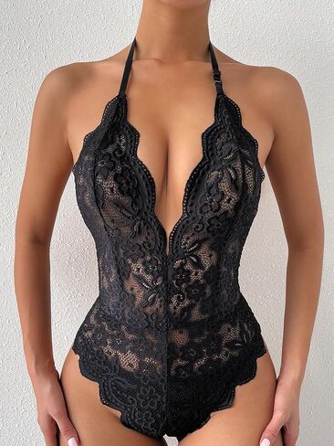 COZYEASE Women's Halter Neck Lace Bodysuit Slim Fit Sleeveless Cami Jumpsuits Scallop Shapewear without Lingerie in Saudi Arabia