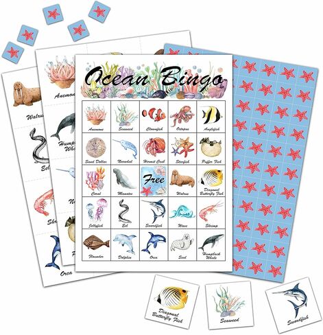 بطاقات أوشن بينجو، مجموعة ألعاب بينجو لحيوانات المحيط، ديكورات حفلات أعياد الميلاد تحت البحر، أنشطة منزلية للفصول المدرسية - A03 in Kuwait