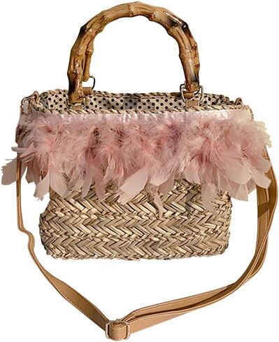 YYW Cute Handwoven Rattan Straw Bag for Women, Boho Beach Tote Bag with Feathers Ornaments Drawstring bag and Hanging Strap in Saudi Arabia