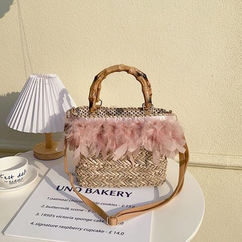 YYW Cute Handwoven Rattan Straw Bag for Women, Boho Beach Tote Bag with Feathers Ornaments Drawstring bag and Hanging Strap in Saudi Arabia