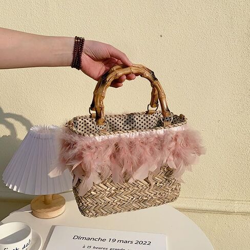 YYW Cute Handwoven Rattan Straw Bag for Women, Boho Beach Tote Bag with Feathers Ornaments Drawstring bag and Hanging Strap in Saudi Arabia