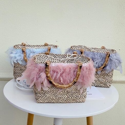 YYW Cute Handwoven Rattan Straw Bag for Women, Boho Beach Tote Bag with Feathers Ornaments Drawstring bag and Hanging Strap in Saudi Arabia