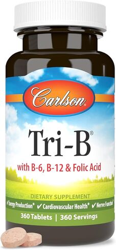 Carlson - Tri-B, Vitamin B Complex, 25 mg Vitamin B-6, 400 mcg Vitamin B-12, Folic Acid Energy Pills, Promote Cardiovascular Health, B Complex Vitamins, B12 Supplement, B Vitamin Complex, 120 Tablets in Saudi Arabia