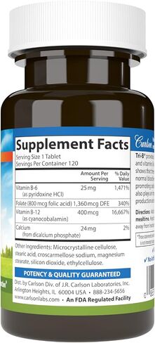 Carlson - Tri-B, Vitamin B Complex, 25 mg Vitamin B-6, 400 mcg Vitamin B-12, Folic Acid Energy Pills, Promote Cardiovascular Health, B Complex Vitamins, B12 Supplement, B Vitamin Complex, 120 Tablets in Saudi Arabia