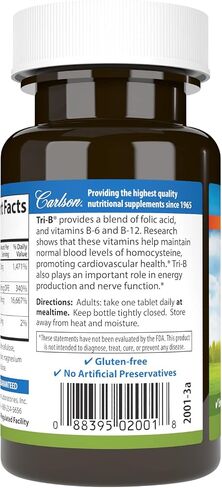 Carlson - Tri-B, Vitamin B Complex, 25 mg Vitamin B-6, 400 mcg Vitamin B-12, Folic Acid Energy Pills, Promote Cardiovascular Health, B Complex Vitamins, B12 Supplement, B Vitamin Complex, 120 Tablets in Saudi Arabia