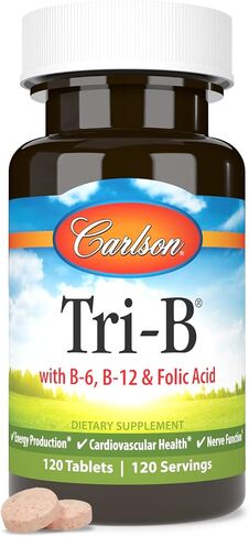 Carlson - Tri-B, Vitamin B Complex, 25 mg Vitamin B-6, 400 mcg Vitamin B-12, Folic Acid Energy Pills, Promote Cardiovascular Health, B Complex Vitamins, B12 Supplement, B Vitamin Complex, 120 Tablets in Saudi Arabia
