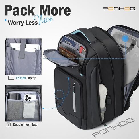 حقيبة ظهر للأعمال للرجال - حقيبة ظهر كبيرة للكمبيوتر المحمول مقاس 17 بوصة قابلة للتوسيع، تحمل على متن الطائرة معتمدة من إدارة أمن المواصلات الأمريكية، حقيبة كمبيوتر مقاومة للماء للعمل والسفر والتنقلات الجامعية باللون الأسود in Kuwait