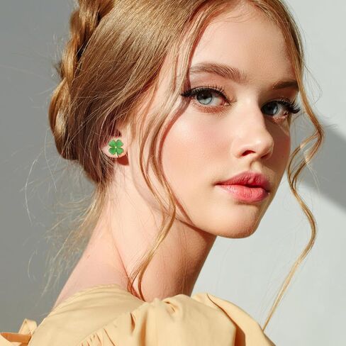 Four Leaf Clover Earrings Stud Jade Earrings for Women 14K Gold Earrings Green Stud Earrings Gold Earrings for Women Trendy in Saudi Arabia
