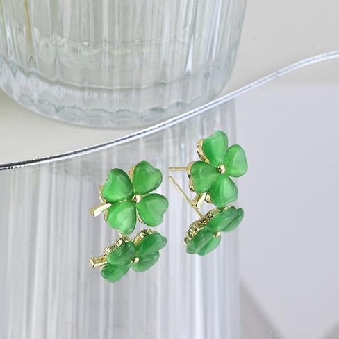 Four Leaf Clover Earrings Stud Jade Earrings for Women 14K Gold Earrings Green Stud Earrings Gold Earrings for Women Trendy in Saudi Arabia