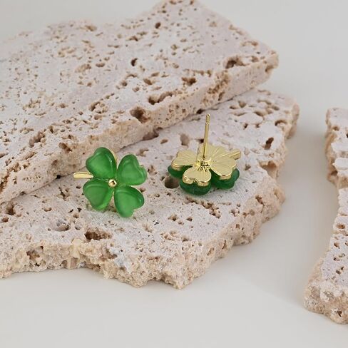 Four Leaf Clover Earrings Stud Jade Earrings for Women 14K Gold Earrings Green Stud Earrings Gold Earrings for Women Trendy in Saudi Arabia