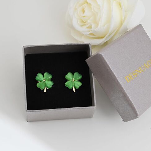 Four Leaf Clover Earrings Stud Jade Earrings for Women 14K Gold Earrings Green Stud Earrings Gold Earrings for Women Trendy in Saudi Arabia
