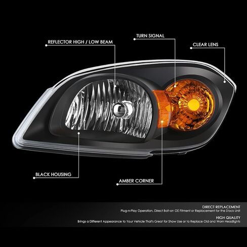 زوج من المصابيح الأمامية ذات التصميم الأسود من نوع Amber Corner OE Style متوافق مع Chevy Cobalt/Pontiac G5 Pursuit 05-10 in Kuwait