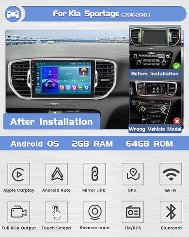 Roinvou 2+64G Android CarPlay Stereo for 2016-2018 Kia Sportage, Built-in Wireless CarPlay with Android Auto, 9'' Touch Screen in-Dash GPS Navigation Support Mirror Link BT FM RDS AHD WiFi in Saudi Arabia