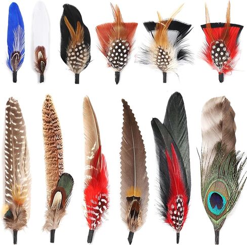 12Pcs Hat Feathers, Assorted Natural Feathers for Hats Colorful Real Feathers Pin for DIY Craft, Men Women Cowboy Hats, Fedora, Party Hats,Oktoberfest (12 Style) in Saudi Arabia