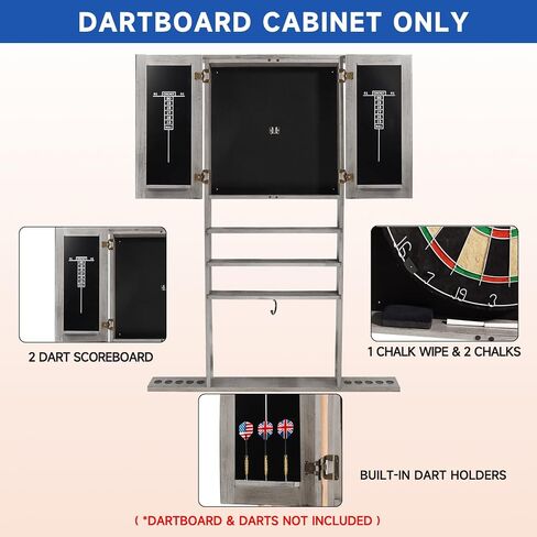 GSE 10 Billiard Pool Cue Rack & Dart Board Cabinet Combination, Wall Mounted Billiard Pool Cue Rack Only, Dartboard Cabinet Only with Dart Scoreboard (Brushed Grey) in Saudi Arabia