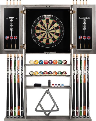 GSE 10 Billiard Pool Cue Rack & Dart Board Cabinet Combination, Wall Mounted Billiard Pool Cue Rack Only, Dartboard Cabinet Only with Dart Scoreboard (Brushed Grey) in Saudi Arabia