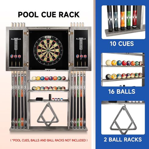 GSE 10 Billiard Pool Cue Rack & Dart Board Cabinet Combination, Wall Mounted Billiard Pool Cue Rack Only, Dartboard Cabinet Only with Dart Scoreboard (Brushed Grey) in Saudi Arabia