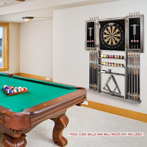 GSE 10 Billiard Pool Cue Rack & Dart Board Cabinet Combination, Wall Mounted Billiard Pool Cue Rack Only, Dartboard Cabinet Only with Dart Scoreboard (Brushed Grey) in Saudi Arabia