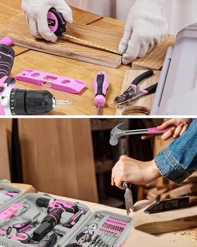 مجموعة أدوات منزلية من KingTool - مجموعة أدوات وردية مكونة من 219 قطعة مع مثقاب لاسلكي بقوة 12 فولت بحد أقصى، مجموعة أدوات للنساء، مجموعة أدوات منزلية مع مثقاب كهربائي لإصلاح حديقة المنزل والمكتب in Kuwait