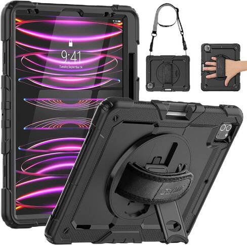 SEYMAC Case for iPad Pro 12.9 Case 2022/2021/ 2020/2018, Heavy Duty Protection Shockproof Case with Screen Protector, 360° Rotating Stand/Handle/Shoulder Strap, Supports Pencil 2 Charging, Black in Saudi Arabia