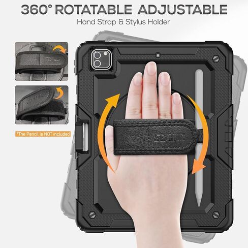 SEYMAC Case for iPad Pro 12.9 Case 2022/2021/ 2020/2018, Heavy Duty Protection Shockproof Case with Screen Protector, 360° Rotating Stand/Handle/Shoulder Strap, Supports Pencil 2 Charging, Black in Saudi Arabia