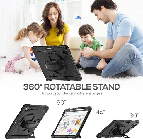 SEYMAC Case for iPad Pro 12.9 Case 2022/2021/ 2020/2018, Heavy Duty Protection Shockproof Case with Screen Protector, 360° Rotating Stand/Handle/Shoulder Strap, Supports Pencil 2 Charging, Black in Saudi Arabia