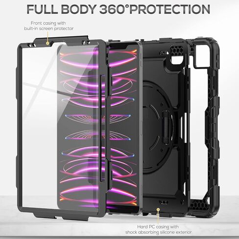 SEYMAC Case for iPad Pro 12.9 Case 2022/2021/ 2020/2018, Heavy Duty Protection Shockproof Case with Screen Protector, 360° Rotating Stand/Handle/Shoulder Strap, Supports Pencil 2 Charging, Black in Saudi Arabia