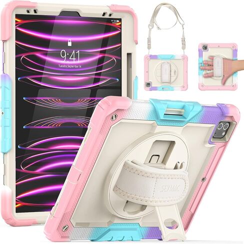 SEYMAC Case for iPad Pro 12.9 Case 2022/2021/ 2020/2018, Heavy Duty Protection Shockproof Case with Screen Protector, 360° Rotating Stand/Handle/Shoulder Strap, Supports Pencil 2 Charging, Black in Saudi Arabia