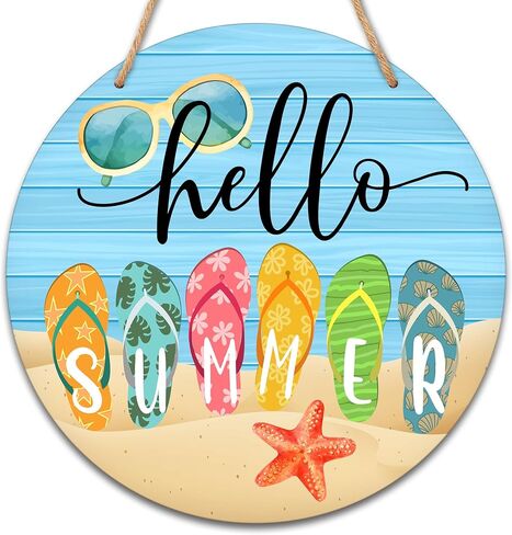 Hello Summer Decor, 10" Flip Flop Wooden Hanging Sign for Pool House Decoration, Rustic Summer Beach Themed Round Door Sign for Outdoor Home Decorations - B01 in Kuwait