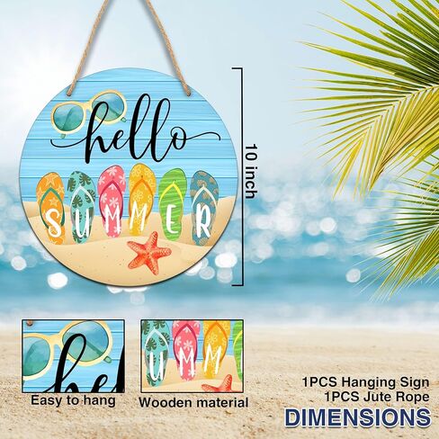 Hello Summer Decor, 10" Flip Flop Wooden Hanging Sign for Pool House Decoration, Rustic Summer Beach Themed Round Door Sign for Outdoor Home Decorations - B01 in Kuwait