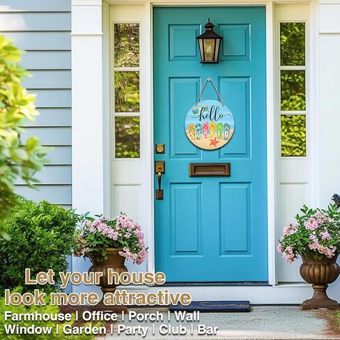 Hello Summer Decor, 10" Flip Flop Wooden Hanging Sign for Pool House Decoration, Rustic Summer Beach Themed Round Door Sign for Outdoor Home Decorations - B01 in Kuwait