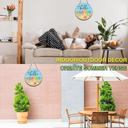 Hello Summer Decor, 10" Flip Flop Wooden Hanging Sign for Pool House Decoration, Rustic Summer Beach Themed Round Door Sign for Outdoor Home Decorations - B01 in Kuwait
